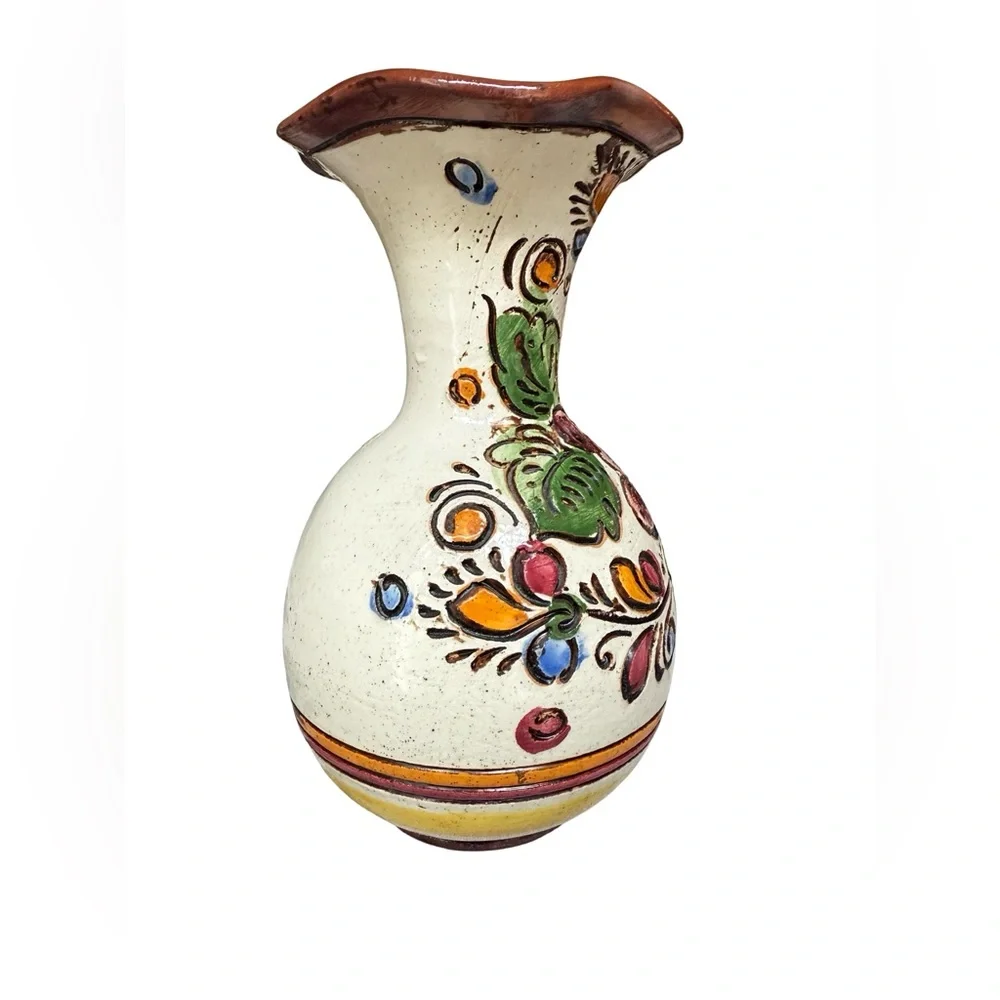 Vintage Hand Painted Italian Pottery 8” Vase with Floral Design